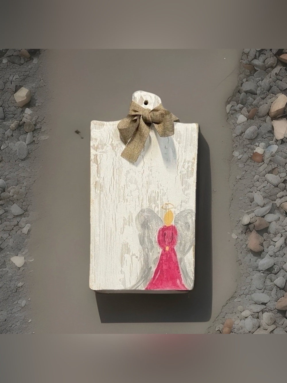 Angel Wood Cutting Board Handmade Primitive Celestial Rustic White Pink Wall Art